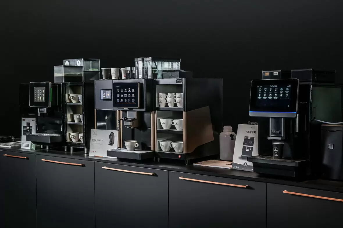 Coffee machines for businesses on display in the showroom